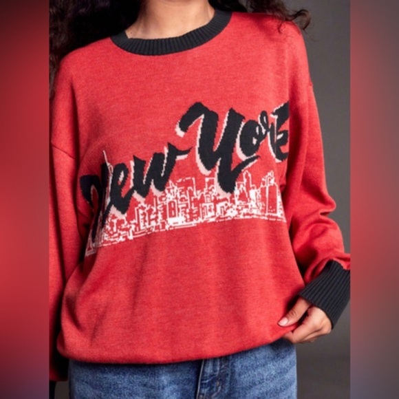 Rvca X Stella Maxwell red New York NYC Skyline Graphic Sweater size small new - Picture 3 of 16